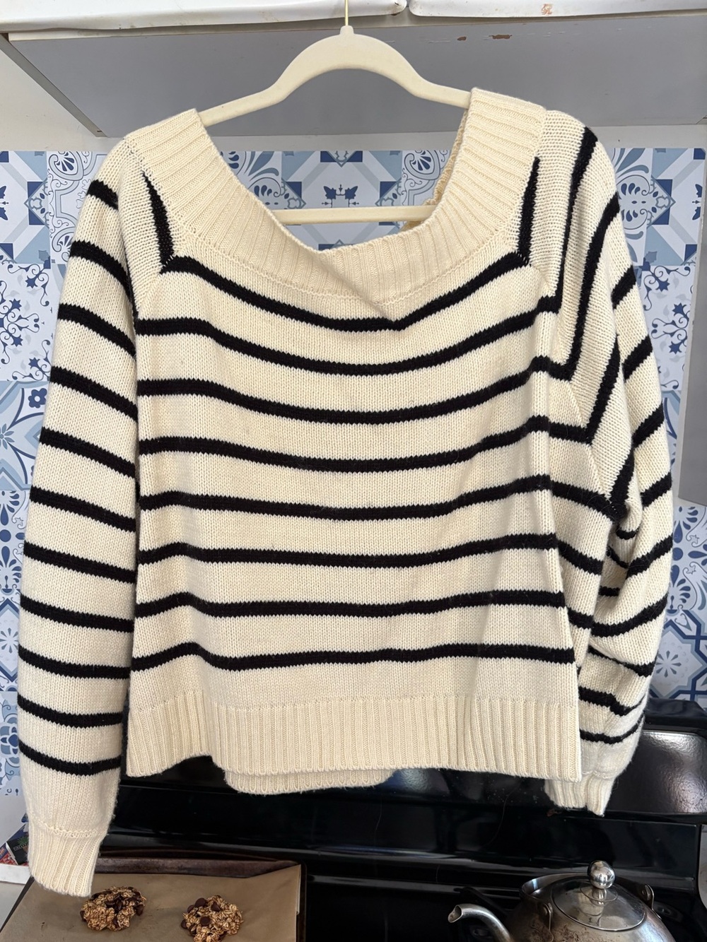 WeWoreWhat Cream and Black Striped Off-the-Shoulder Sweater